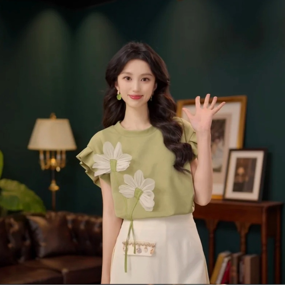 Green Ruffled Sleeveless Blouse with Tie Front